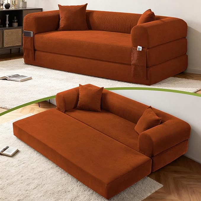 Convertible Sleeper Sofa Bed,80" Futon Sofa Bed Queen with Storage,Corduroy Pull Out Couch with Bed,Boneless Couches for Living Room,Compressed Couch in a Box,Orange
