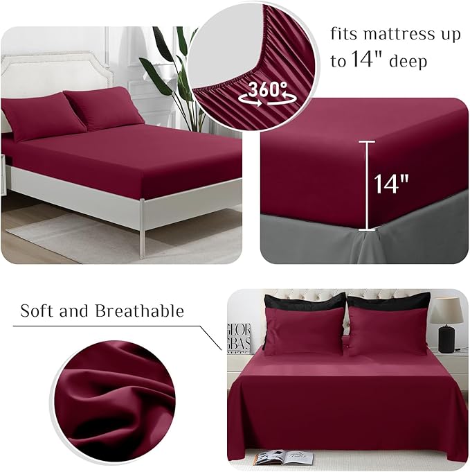 JOLLYVOGUE King Comforter Set, Ultra-Soft Bed in a Bag King Size 7 Pieces, Oeko-TEX Certified Bedding Set with Down Alternative Comforter, Sheets, Pillowcases & Shams, Burgundy & Black