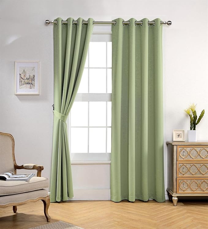 MIUCO Room Darkening Soild Grommets Blackout Curtains Panels for Doors Window Curtains 8 Eyelets Set of 2 52 Inch Wide 95 Inch Long Sage, Bonus 2 Tie Backs Included