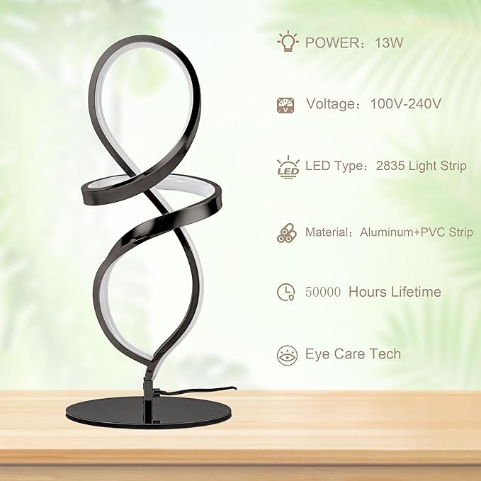 Mayful Modern Lamp with LED Spiral Design, Bedside Lamp with Stepless Dimming Switch, Contemporary Nightstand & Black Table Lamp for Bedroom, Living Room, Home Office, 12W 3200K Warm White,2 Pack