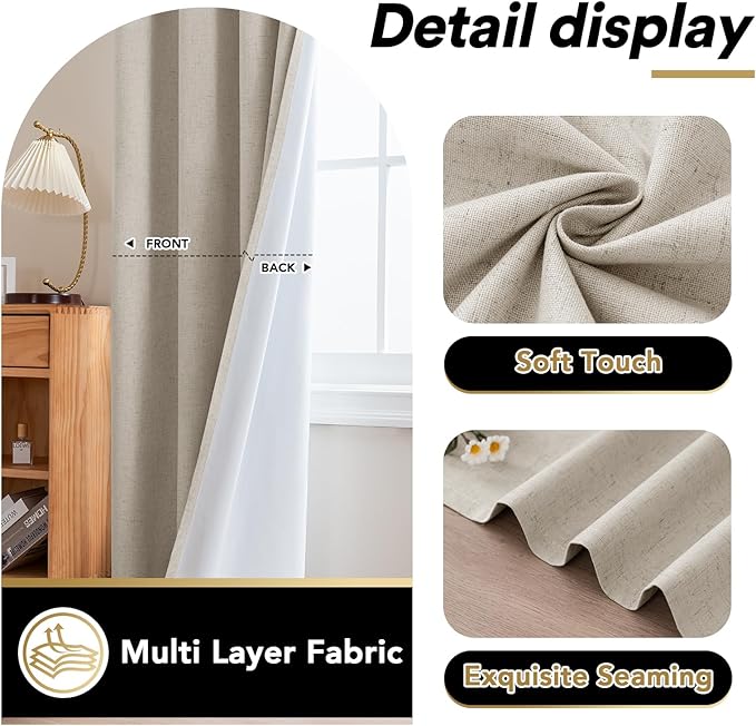 PrinceDeco Nature Linen Curtains 100% Back Out Curtains for Living Room/Bedroom 84 Inch Length Burlap Fabric Thermal Insulated & Light Blocking Nickel Grommet Window Drapes Set of 2,Heathered Linen