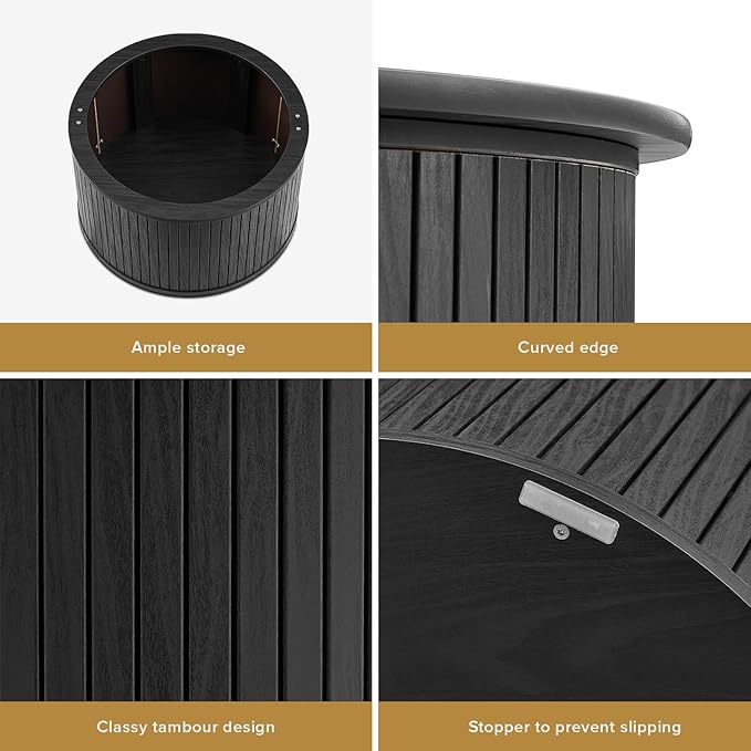 mopio Quin Tambour Round Circle Coffee Table with Storage, Drum Accent, Mid Century Modern, Wood, Fluted Center, Tea Table with Removable Lid, Living Room (Black Oak)