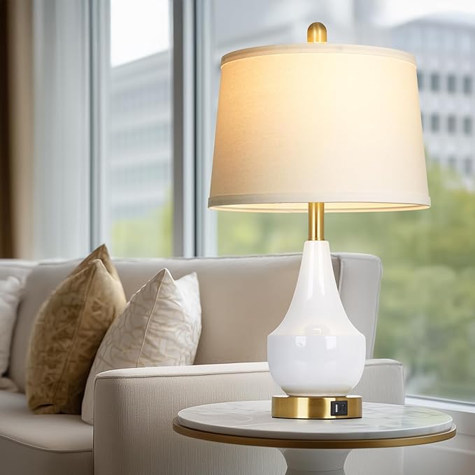Modern White Table Lamp, 24" Ceramic Table Lamp with USB A+C Ports,Classic Beside Lamps Nightstand Lamp Modern Lamp for Living Room, Bedroom & Office -LED Bulbs Included