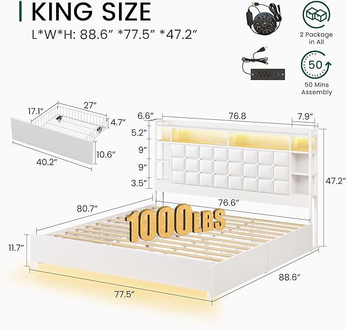LARMACE King Size Bed Frame with 4 Storage Drawers and Bookcase Headboard, Faux Leather Upholstered, Wooden Platform Bed Frame with Charging Station and LED Lights, No Box Spring Needed, White