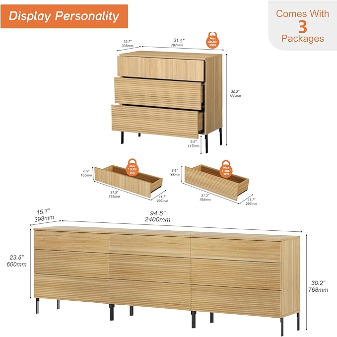WAMPAT 94.5" W Fluted Dresser for Bedroom, Modern 9 Drawer Dresser TV Stand with Hidden Handles, Wooden Chest of Drawers Closet Clothes Storage Organizer for Bedroom, Living Room, Oak