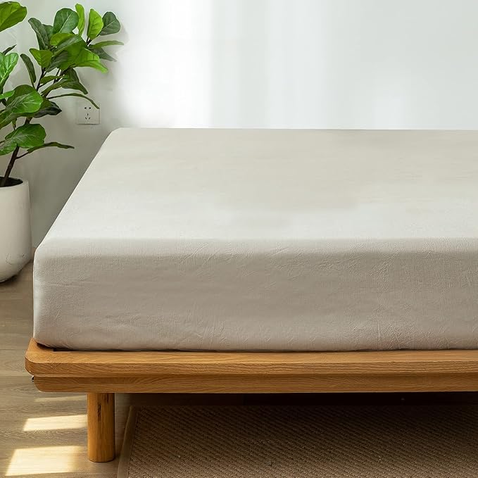 MooMee Fitted Bottom Sheet Only 100% Washed Cotton Linen Like Textured Breathable Durable Soft Comfy Deep Pocket Fits Mattress up to 17" (Tannish Linen Grey, California King)