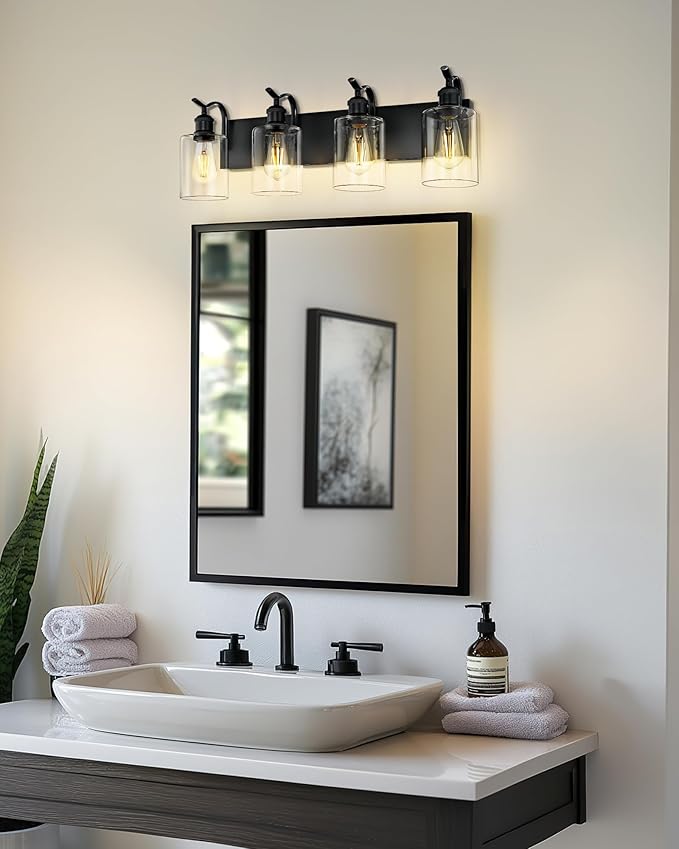 4-Light Black Bathroom Light Fixture Over Mirror, Modern Vanity Light, Clear Glass Wall Sconce, VL01BK-4