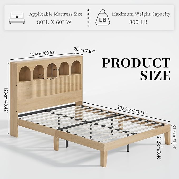 Queen Bed Frame, Storage Headboard with 5 Arched Storage Compartments, 12.4 Inch Farmhouse Wooden Queen Bed Frame, No Box Spring Needed, No Noise (Wood Color)