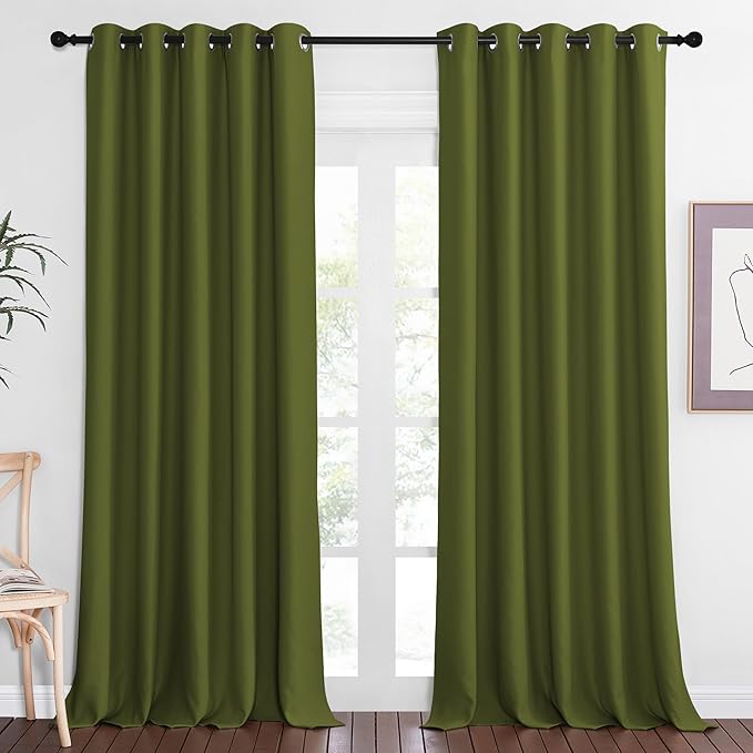 NICETOWN Patio Blackout Curtain Panels - Extra Wide Sliding Door Thermal Insulated Drape, Privacy Room Divider Curtain for Bedroom Office (Olive Green, 66 x 118 Inch Long)