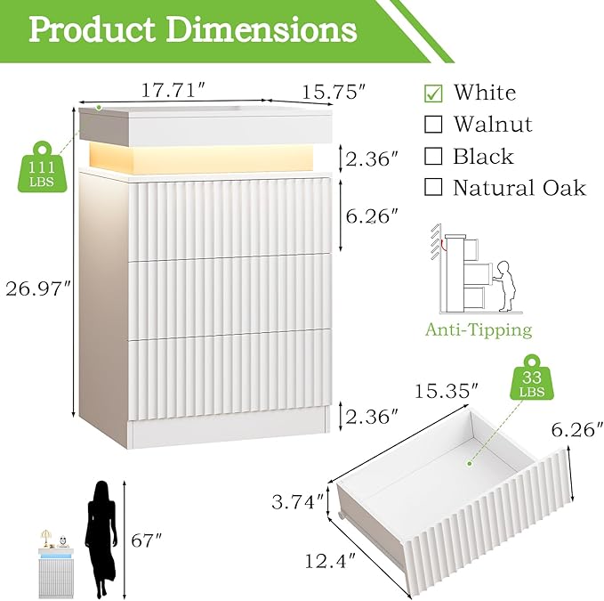 Nightstands Set of 2 with Charging Station & LED Lights, Modern Small Fluted Bedside & End Tables with 3 Drawers, Sliding Top & Hidden Storage, Wooden Farmhouse Night Stand for Bedroom Office,White