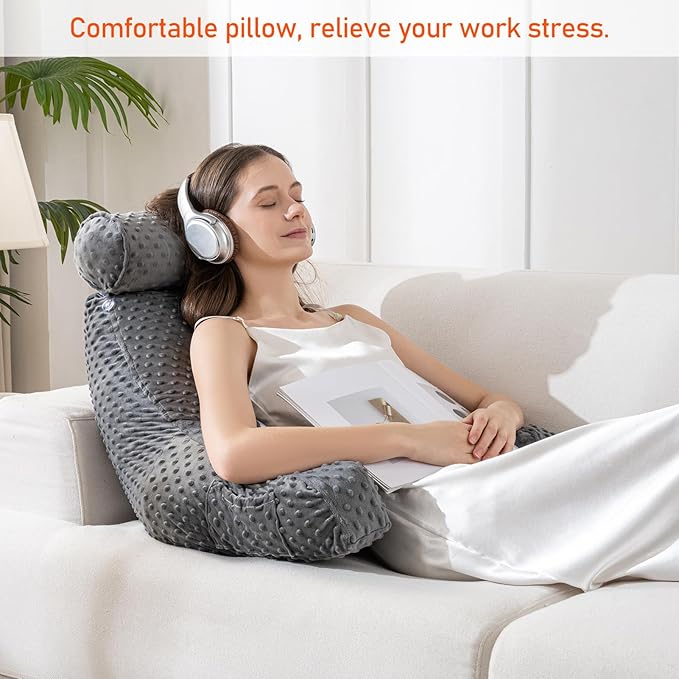 Reading Pillow for Sitting in Bed, Extra Large Backrest Support Cushion with Arms, Sit up Back Pillow Shredded Memory Foam back support Chair Pillow, Bed Rest Pillows with pocket, Detachable Neck Roll