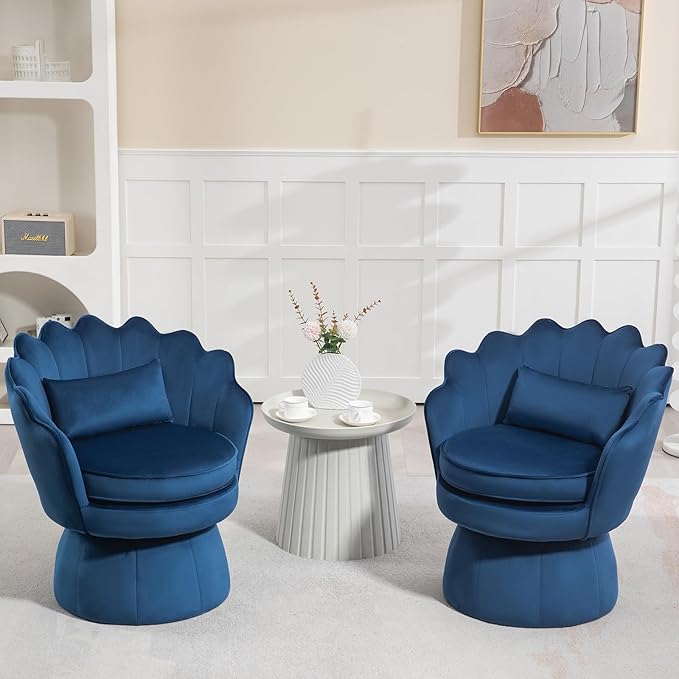 360° Swivel Accent Chairs Set of 2, Mid-Century Modern Velvet Barrel Chair, Comfy Shell Shape Arm Chair with Lumbar Pillow for Living Room, Bedroom, Office, Dark Blue