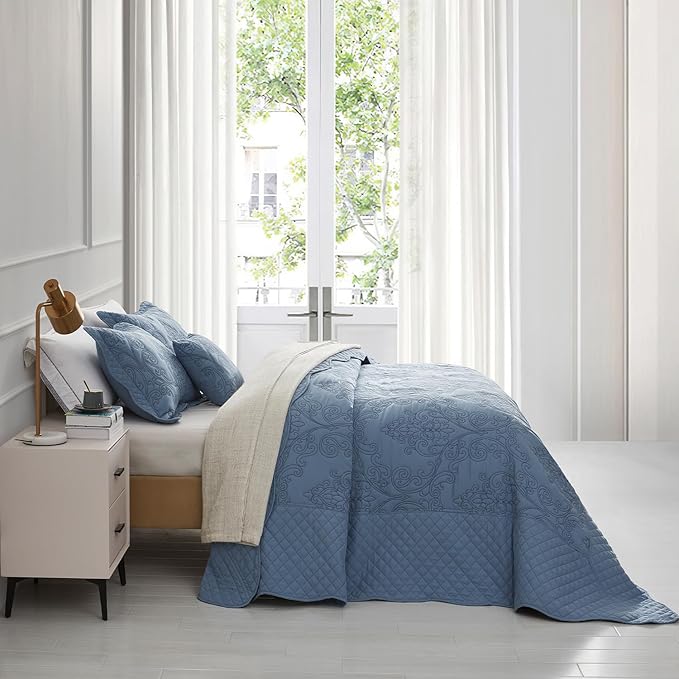 CHIXIN Oversized Bedspread Coverlet Set King Size - Lightweight Bedding Cover - Beautiful Stitching - 5 Piece Reversible Bedspread - Luxury Damask Paisley Pattern (King, Ashley Blue)