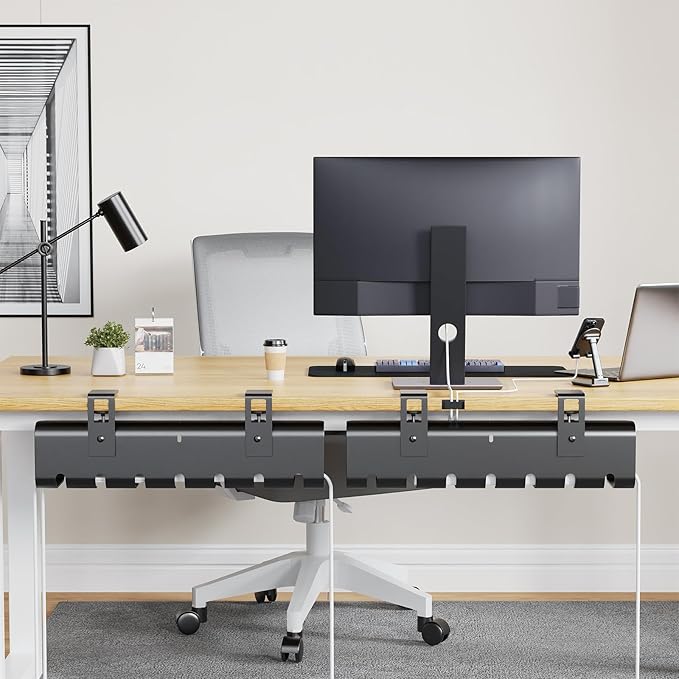 Under Desk Cable Management Tray No-Drill 2 Pack 16.9‘’ Wire Cord Organizers, Cable Management Under Desk for Home and Office No Damage Black