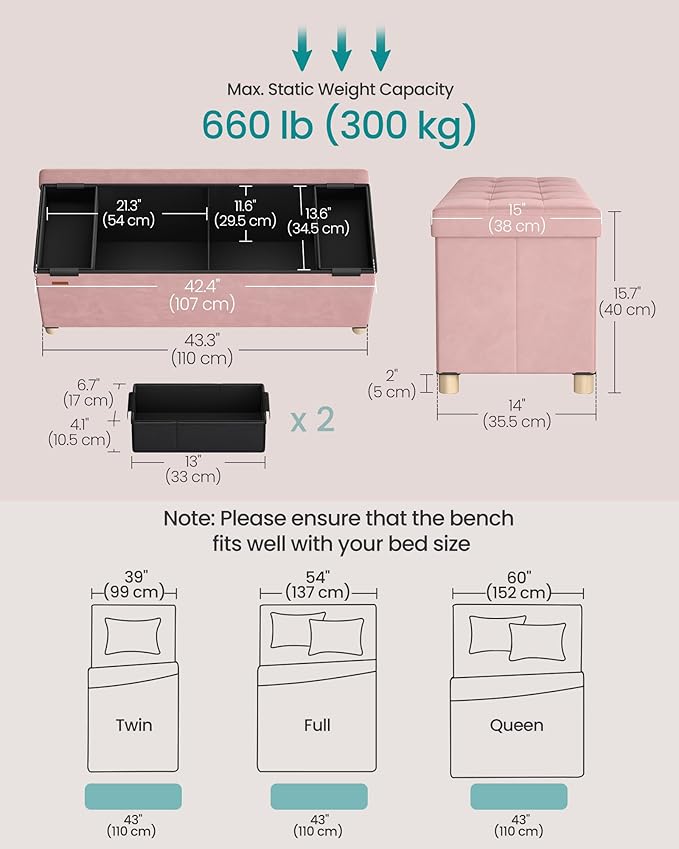 SONGMICS Storage Ottoman Bench, Folding Storage Chest, 15 x 43.3 x 15.7 Inches, Foot Rest Stool, 30 Gal. (112 L), Velvet Surface, for Bedroom, Entryway, Living Room, Jelly Pink ULSF0518R02