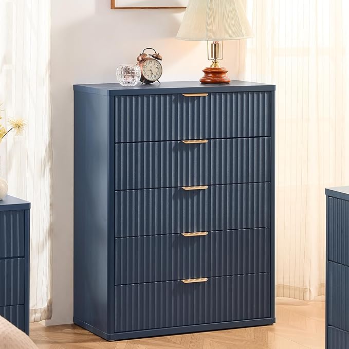 LEYAOYAO Fluted 5 Drawers Dresser Set of 2, 41" Tall Modern Chest of Drawers with Metal Handle, Curved Profile Dresser TV Stand, Wooden Drawer Organizer for Bedroom, Living Room, Hallway, Lightgrey
