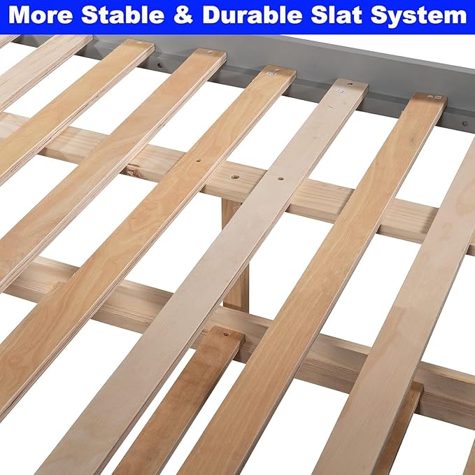 STERXONE Best Thicken Solid Wood Full Over Full Bunk Bed with Trundle, Luxurious Bunk Bed Frame Full Size with Safety Guard Rail and Ladder, Convertible to 2 Beds for Adults, Teens, Kids (Gray)