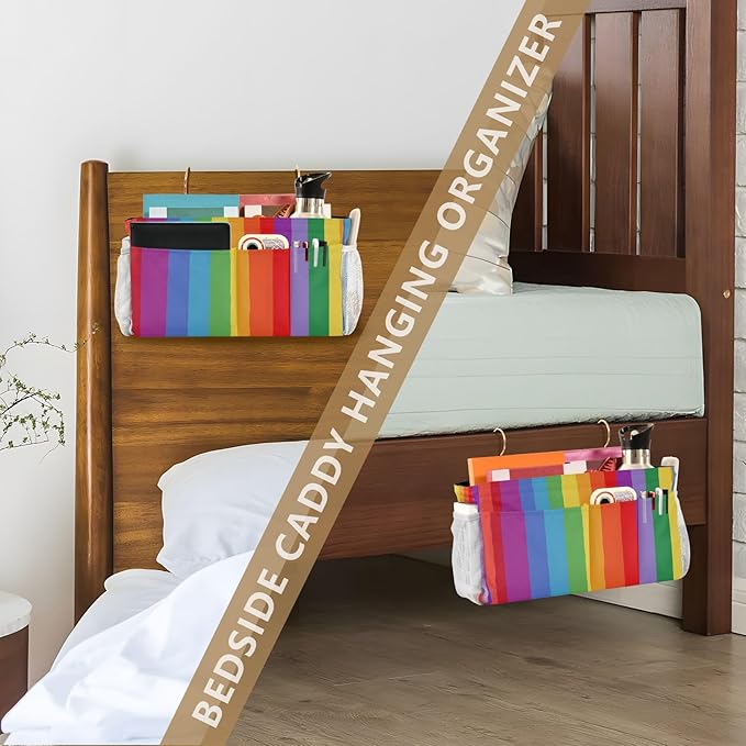 Bedside Caddy Hanging Bunk Bed Caddy Bed Organizer Hanging Pocket with 2 Hooks Bedside Storage Organizer Pocket Bag Holder Vibrant Colorful Stripes