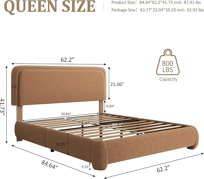 Queen Size Boucle Platform Bed Frame, Upholstered Cloud with Adjustable Headboard, Anti-Collision Soft Rounded Corners, No Box Spring Required, Easy Assembly, Noise Free