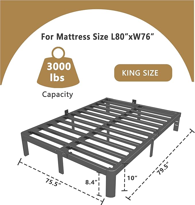 ITIMIDI 10 Inch Bed Frame King Size with Metal Gaskets, No Box Spring Needed, Heavy Duty Steel Support 3000 LBS, DIY Headboard, Anti-Slip Mattress Stopper, Round Corner Leg, Easy Assembly, Black