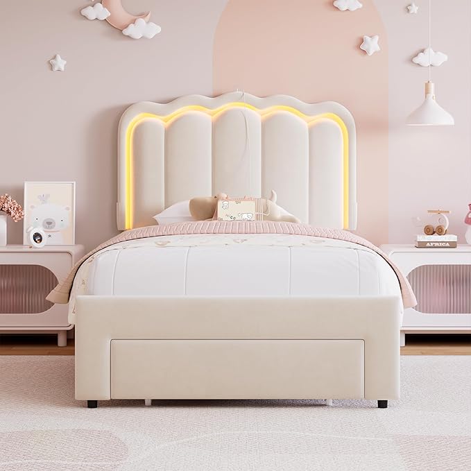 Velvet Upholstered Twin LED Bed Frame with Storage Drawer and Adjustable Chic Double Wavy Headboard, Princess Platform Bed for Kids/Girls, Solid Wood Slats Support, No Box Spring Needed, Beige