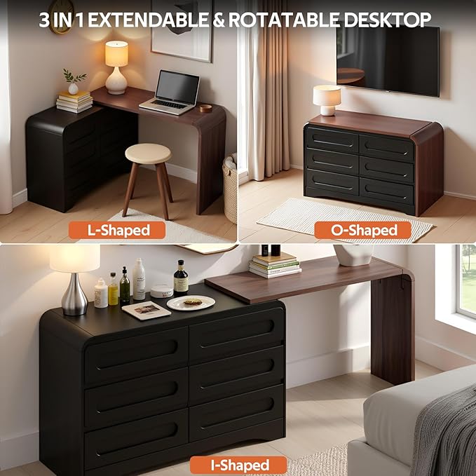 6 Drawer Dresser with Extendable Table, L-Shaped Desk Vanity Combo, 47" Wood Dresser & Chest of Drawers, Modern Closet Clothes Storage Dressers Organizer for Bedroom Living Room Hallway, Black