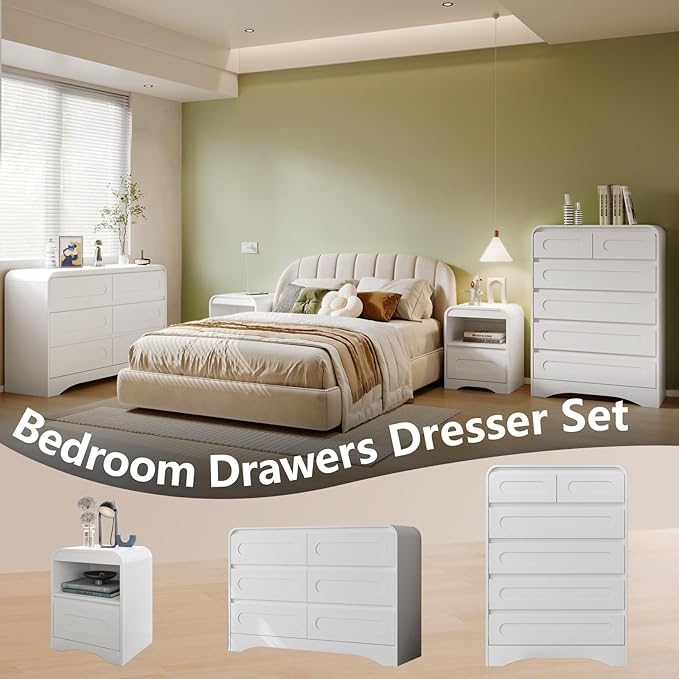Dresser for Bedroom with 6 Drawers, 44" Tall Modern Dressers & Chest of Drawers with Curved Profile Design, Wood Closet Clothes Storage Dressers Organizer for Bedroom Living Room Hallway, White