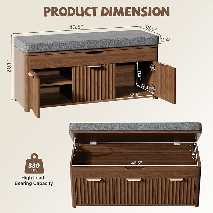 Shoe Bench with Storage - Lift Top Entryway Bench with Hidden Storage, Shoe Rack with Adjustable Shelves and Cushioned Seat, Wooden End of Bed Bench for Bedroom, Living Room and Hallway,Walnut
