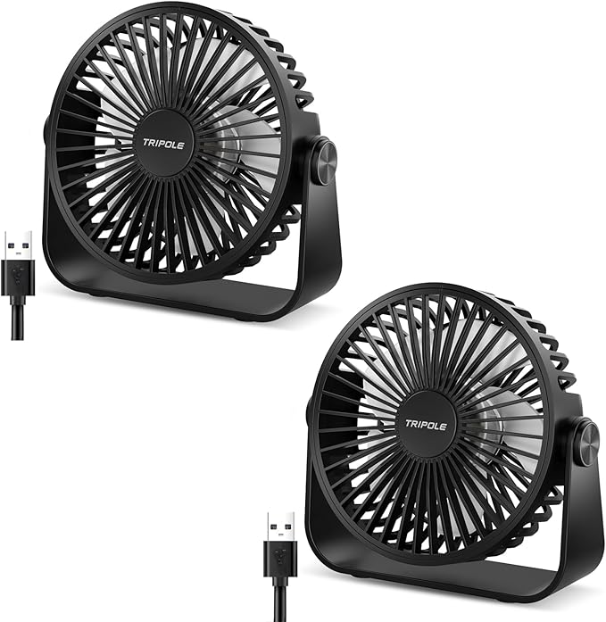 TriPole USB Desk Fan Portable Mini Fan Powerful 3 Speeds Wind Personal Desktop Fan with 360° Head Rotation for Home Office Car Indoor Outdoor 2 Pack Black, No Battery, 4.5 Inches