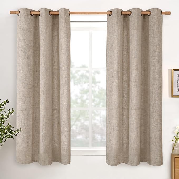 YoungsTex Dark Oatmeal Linen Curtains 54 Inch Length for Living Room Windows, Short Semi Sheer Drapes Privacy Light Filtering with Grommmet for Bedroom, 42 x 54 Inch, 2 Panels