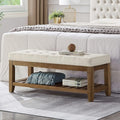 24KF Large Rectangular Upholstered Tufted Linen Ottoman Bench, Padded Bench with Solid Wood Shelf-Ivory
