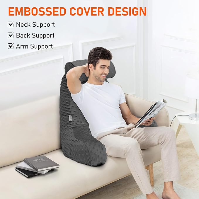 Reading Pillow for Sitting in Bed, Extra Large Backrest Support Cushion with Arms, Sit up Back Pillow Shredded Memory Foam back support Chair Pillow, Bed Rest Pillows with pocket, Detachable Neck Roll