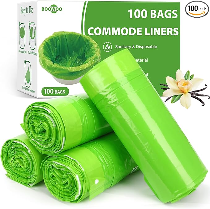BOOWOO Bedside Commode Liners, 100 Leakproof Toilet Liners for Bedside Commode, Scented Adult Potty Chair Liners, Commode Liners for Commode Chair, Bedpan, Bucket Toilet (100 Bags Only)