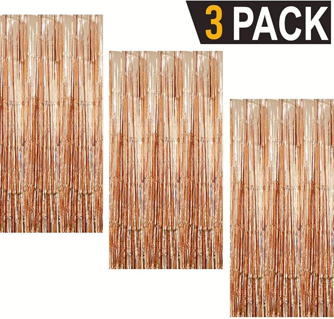 GOER 3.2 ft x 8.2 ft Metallic Tinsel Foil Fringe Curtains Party Photo Backdrop Party Streamers for Birthday,Graduation,New Year Eve Party Decorations Wedding Decor (3 Packs,Champagne Gold)