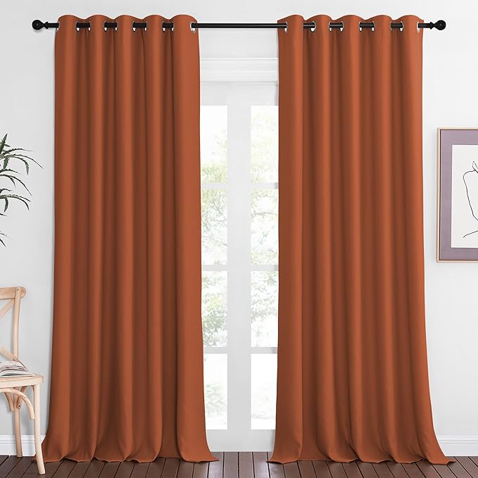 NICETOWN Blackout Curtain Drape for Bedroom - Light Reducing Thermal Insulated Solid Grommet Room Darkening Window Curtain 90 inches Long for Living Room (Burnt Orange, 1 Piece, W66 x L90)