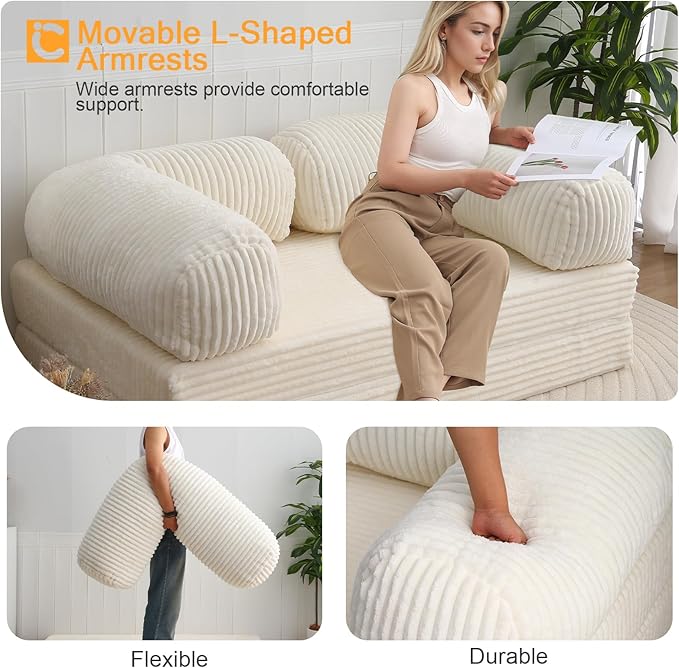 COMAX Folding Sofa Bed Queen, Foldable Couch Bed, Fold Out Futon Chair Sleeper for Adults, Convertible Floor Mattress Sofa for Bedrooom Living Room Guest Room, Faux Fur Light Beige