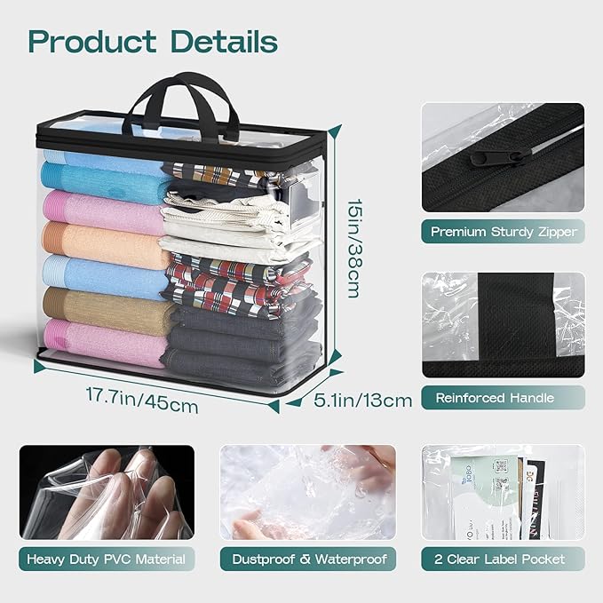 Hopack Under Bed Storage Bags Organizer, 22L Clear Storage Bags, Bags Organizer Clear Zipper Containers Bedroom, Storage Bag for Sweater, Clothes, Shoe Toy, Blanket, Sheet (Black,10PACK)