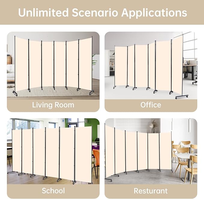 Room Divider Folding Privacy Screens with Wheels, 6FT Tall Divider for Room Separation, Movable Room Partitons and Dividers, Indoor Room Dividers Panel with Fabric (Beige, 6 Panel-132‘’-Wheels)