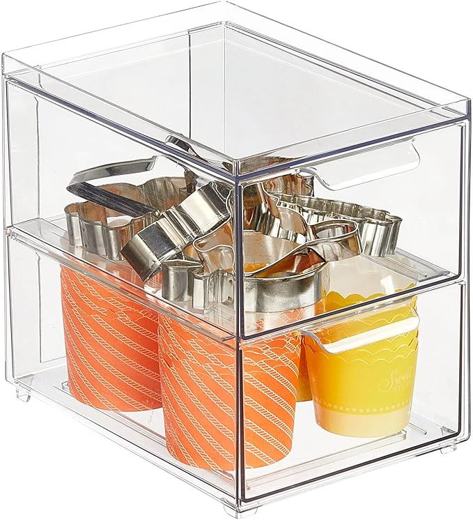 mDesign Stackable Storage Containers Box with 2 Pull-Out Drawers - Stacking Plastic Drawer Bins for Kitchen Pantry and Cupboard, Cabinet, Counter, Island and Tables - Lumiere Collection - Clear
