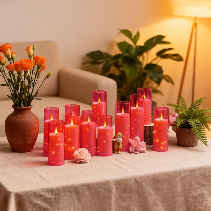 Flameless LED Candles with Timer 5 Pc Flickering Flameless Candles for Romantic Ambiance and Home Decoration Stable Acrylic Shell,with Embedded Star String，Battery Operated Candles(Pink)