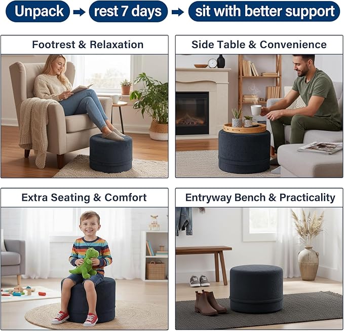 Tiita Stuffed Pouf Ottoman, Round Foot Stool Fluffy Floor Poufs Chair for Living Room Bedroom, Filled Boho Foot Rest for Couch, Blue-Grey