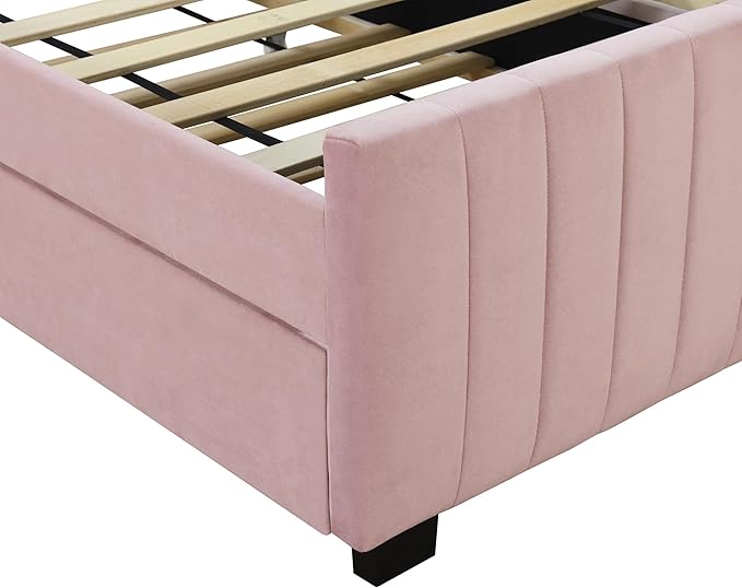 Twin Size Bed Frame with Trundle Bed,Velvet Upholstered Bed Frame,Twin Size Trundle Bed with Headboard,Upholstered Platform Bed Twin for Kids Teens Adults(Pink)