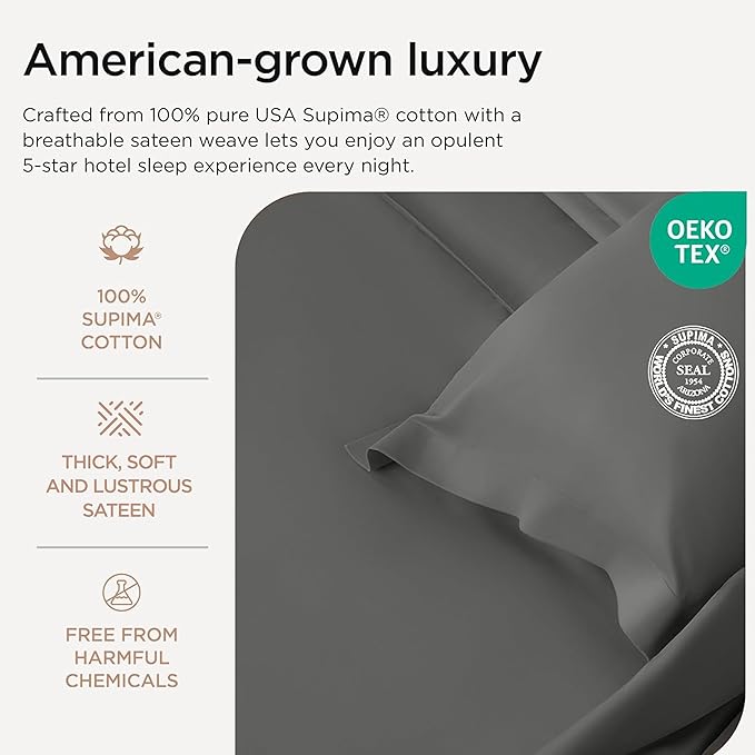 Threadmill 100% Supima Cotton Sheets, 1200 Thread Count Cotton Sheets for Cal King Size Bed, 4 Pc Dark Grey Cal King Bed Sheets Set, 5-Star Hotel Quality, Elasticized Deep Pocket Cal King Sheet