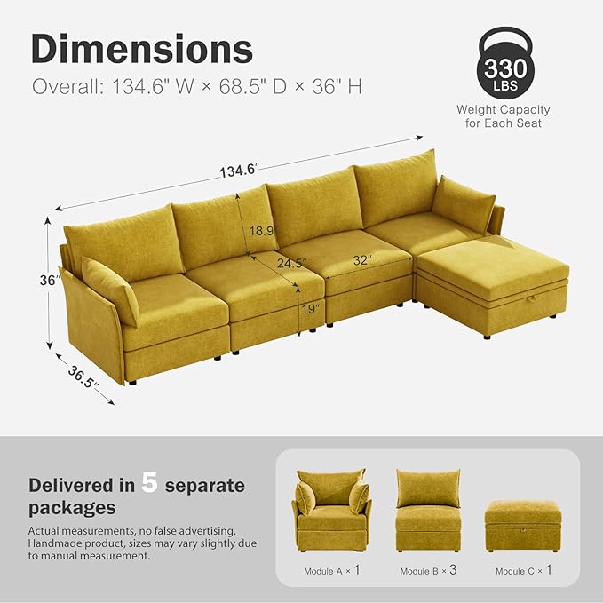 ABCASA 134.6" Luxury Modular Sectional Convertible Sofa with Storage Ottoman, L-Shape 5-Seat Oversized Comfy Couch Deep Seat with Reversible Chaise - Chenille Yellow