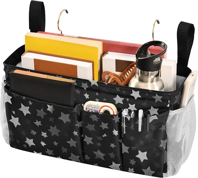 Bedside Caddy Hanging Bunk Bed Caddy Bed Organizer Hanging Pocket with 2 Hooks Bedside Storage Organizer Pocket Bag Holder Silver Stars Black