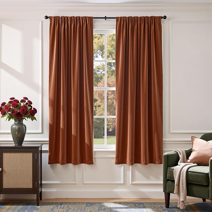 Lazzzy Velvet Blackout Curtains Thermal Insulated Room Window Drapes Super Soft Luxury Curtains for Living Room Bedroom Rod Pocket 2 Panels, Burnt Orange, 52" W x 72" L