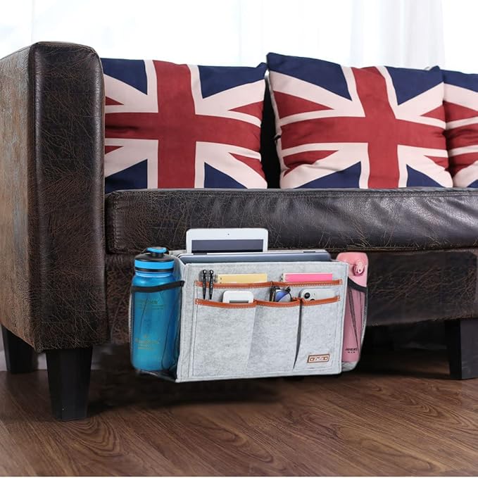 Bedside Caddy, Large Size Bedside Storage Organizer Bedside Organizer Caddy for Magazine Remotes Phone (13.4'' x 18.1'' Plus Size, Light Grey)