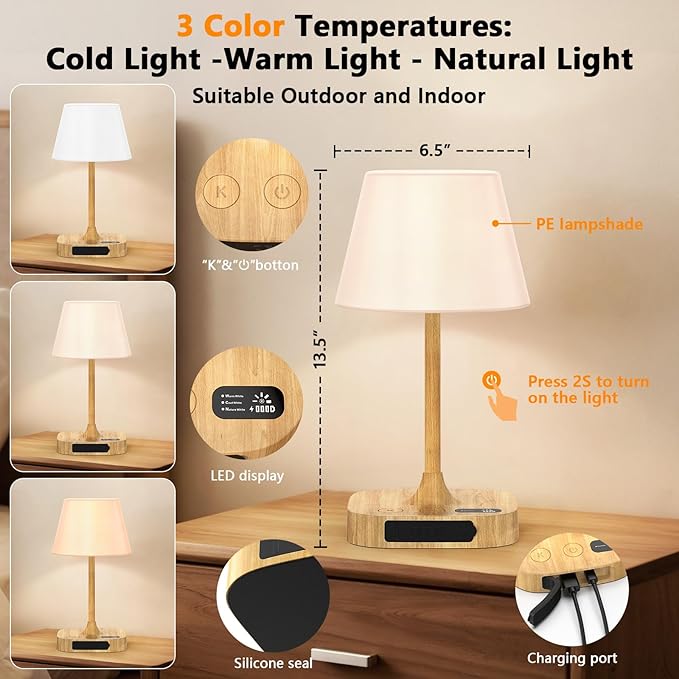 Outdoor Table Lamp - 8000mAh Cordless Rechargeable Battery,Dimmable LED Display Touch Lamp for Camping Patio and Bedroom (Wood Grain)