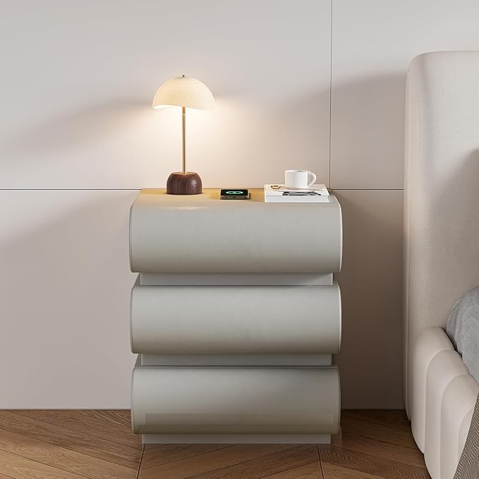 homary Smart Nightstand Modern White Leather Nightstands with Wireless Charger Bedside Table with 3 Drawers for Bedrooms Living Rooms Offices 19.7" W x 16.1" D x 23.6" H (Light Gray 3 Drawers)
