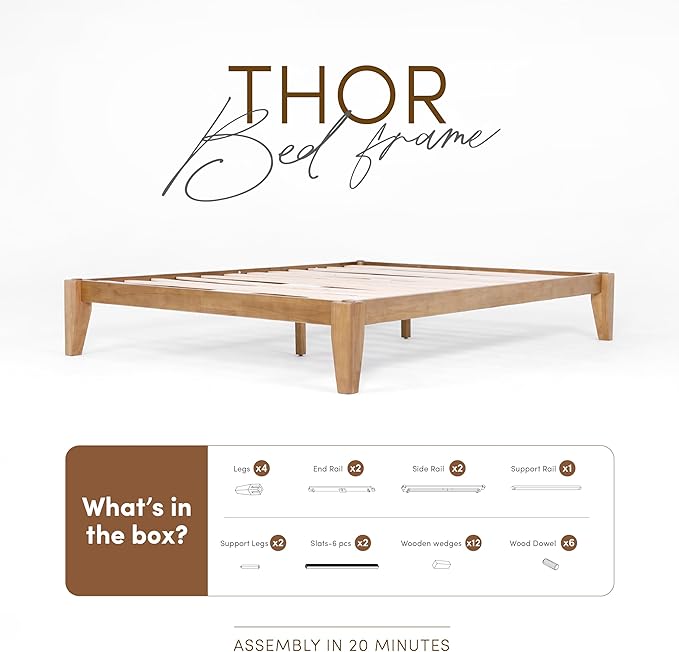 Thor Bed Frame Full - Solid Wood Platform Bed - Japanese Joinery Bed Frame - Wood Slat Support - No Box Spring Needed - Easy Assembly - Minimalist & Modern Style (Light Brown)